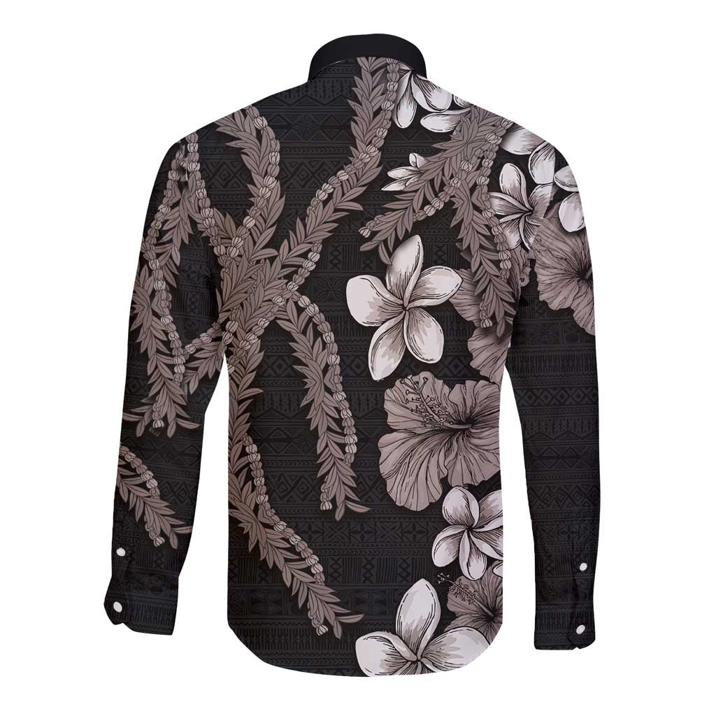 Hawaiian Tropical Flowers and Maile Pikake Long Sleeve Button Shirt Polynesian Tribal Pattern Grayscale Mode