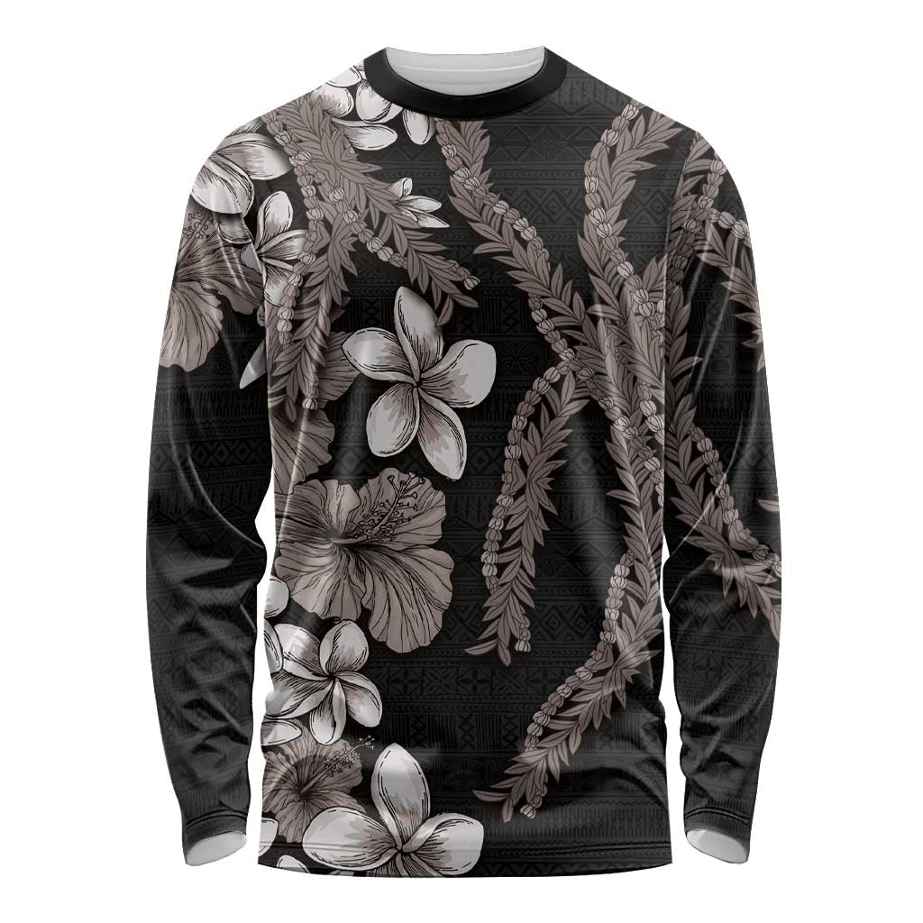 Hawaiian Tropical Flowers and Maile Pikake Long Sleeve Shirt Polynesian Tribal Pattern Grayscale Mode LT03 Unisex Black - Polynesian Pride