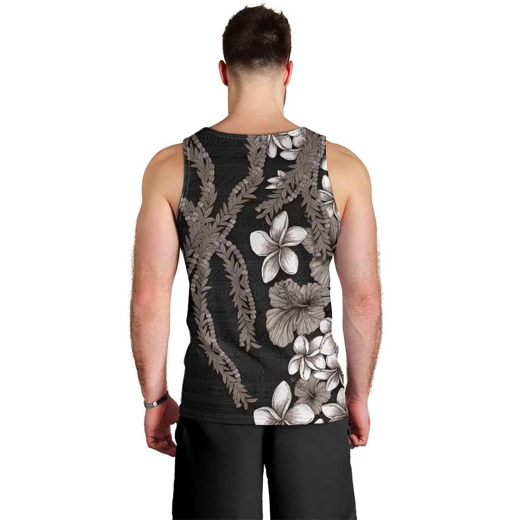 Hawaiian Tropical Flowers and Maile Pikake Men Tank Top Polynesian Tribal Pattern Grayscale Mode