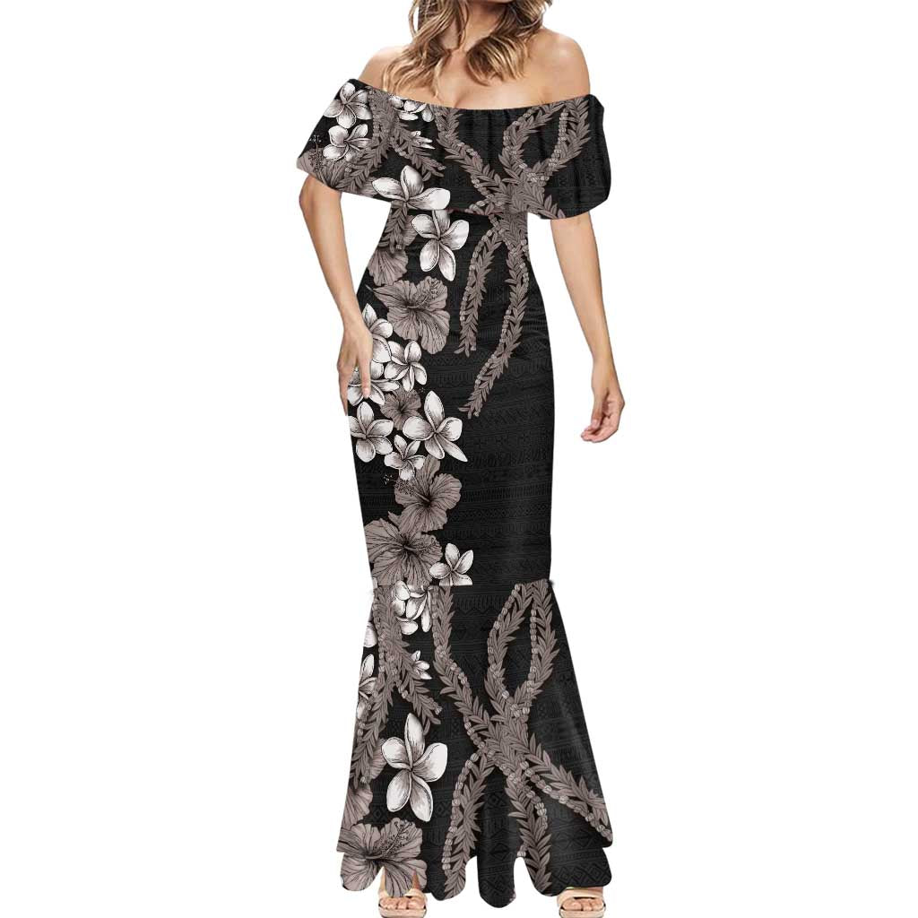 Hawaiian Tropical Flowers and Maile Pikake Mermaid Dress Polynesian Tribal Pattern Grayscale Mode