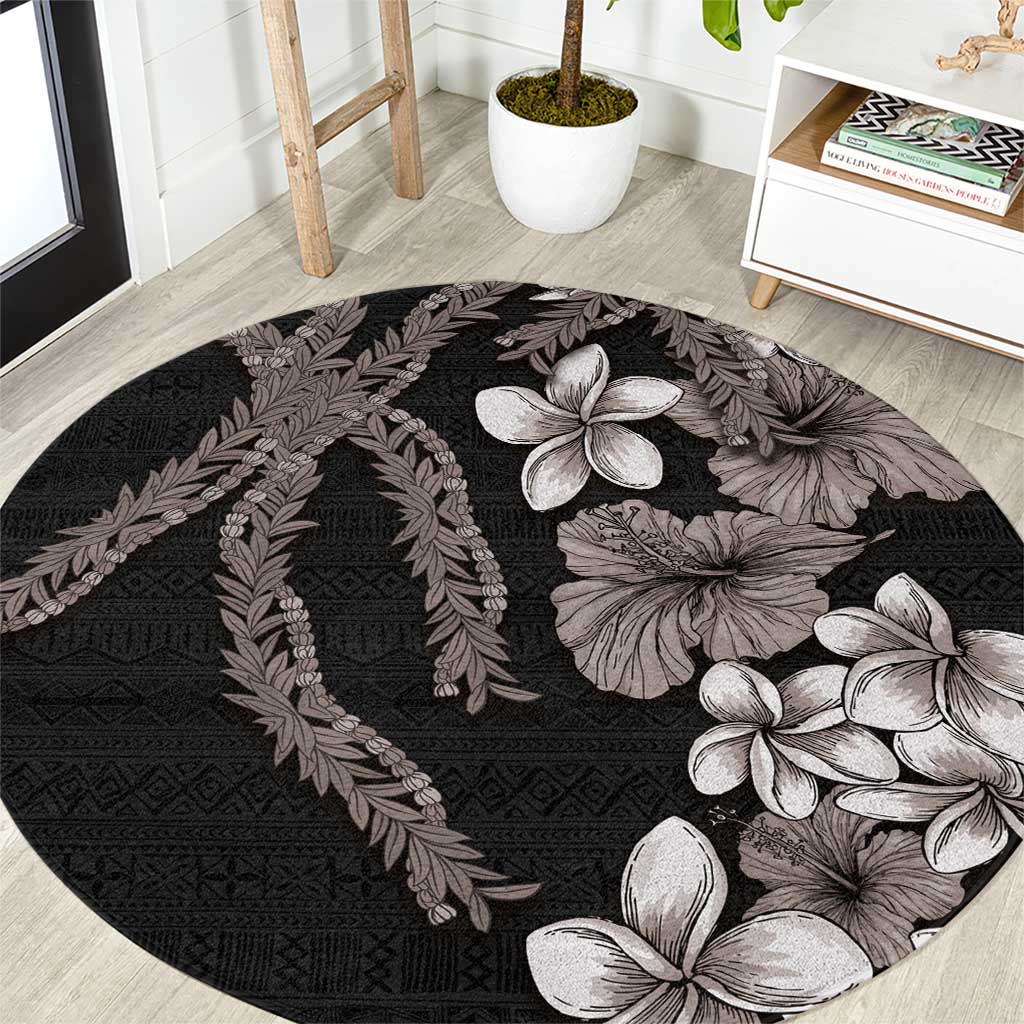 Hawaiian Tropical Flowers and Maile Pikake Round Carpet Polynesian Tribal Pattern Grayscale Mode LT03 Black - Polynesian Pride