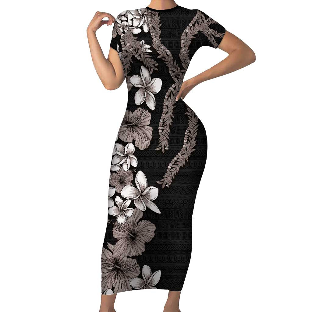 Hawaiian Tropical Flowers and Maile Pikake Short Sleeve Bodycon Dress Polynesian Tribal Pattern Grayscale Mode LT03 Long Dress Black - Polynesian Pride