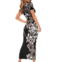 Hawaiian Tropical Flowers and Maile Pikake Short Sleeve Bodycon Dress Polynesian Tribal Pattern Grayscale Mode LT03 - Polynesian Pride