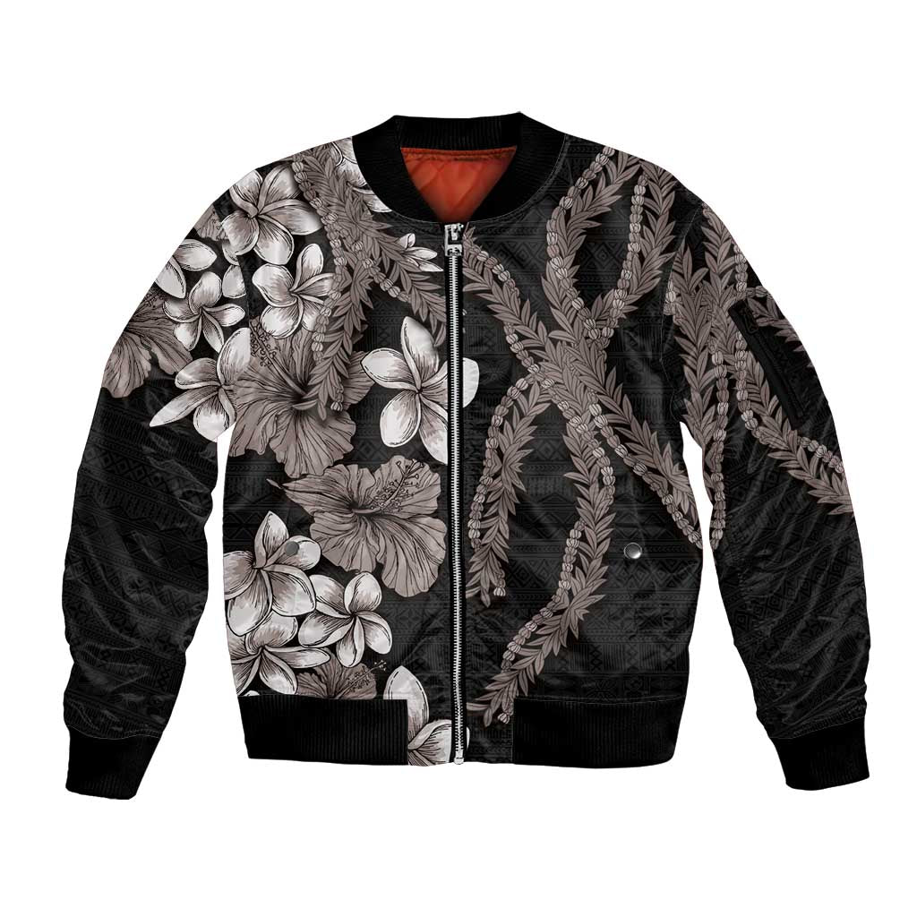 Hawaiian Tropical Flowers and Maile Pikake Sleeve Zip Bomber Jacket Polynesian Tribal Pattern Grayscale Mode LT03 Unisex Black - Polynesian Pride