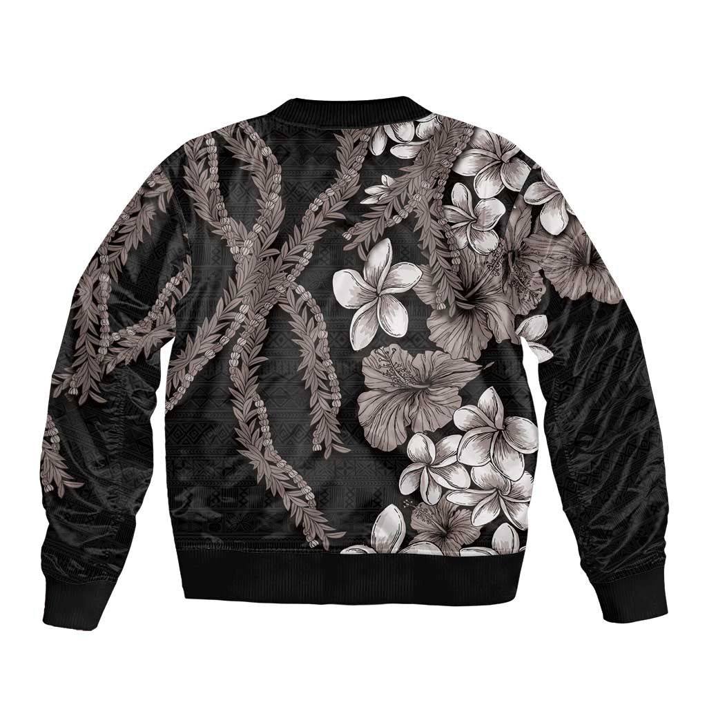 Hawaiian Tropical Flowers and Maile Pikake Sleeve Zip Bomber Jacket Polynesian Tribal Pattern Grayscale Mode LT03 - Polynesian Pride