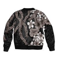 Hawaiian Tropical Flowers and Maile Pikake Sleeve Zip Bomber Jacket Polynesian Tribal Pattern Grayscale Mode LT03 - Polynesian Pride