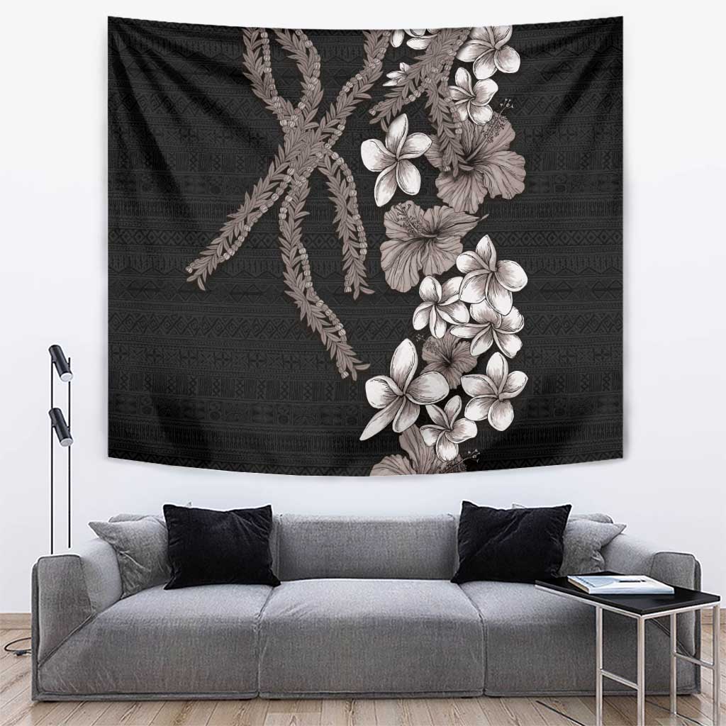 Hawaiian Tropical Flowers and Maile Pikake Tapestry Polynesian Tribal Pattern Grayscale Mode LT03 Black - Polynesian Pride