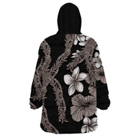 Hawaiian Tropical Flowers and Maile Pikake Wearable Blanket Hoodie Polynesian Tribal Pattern Grayscale Mode
