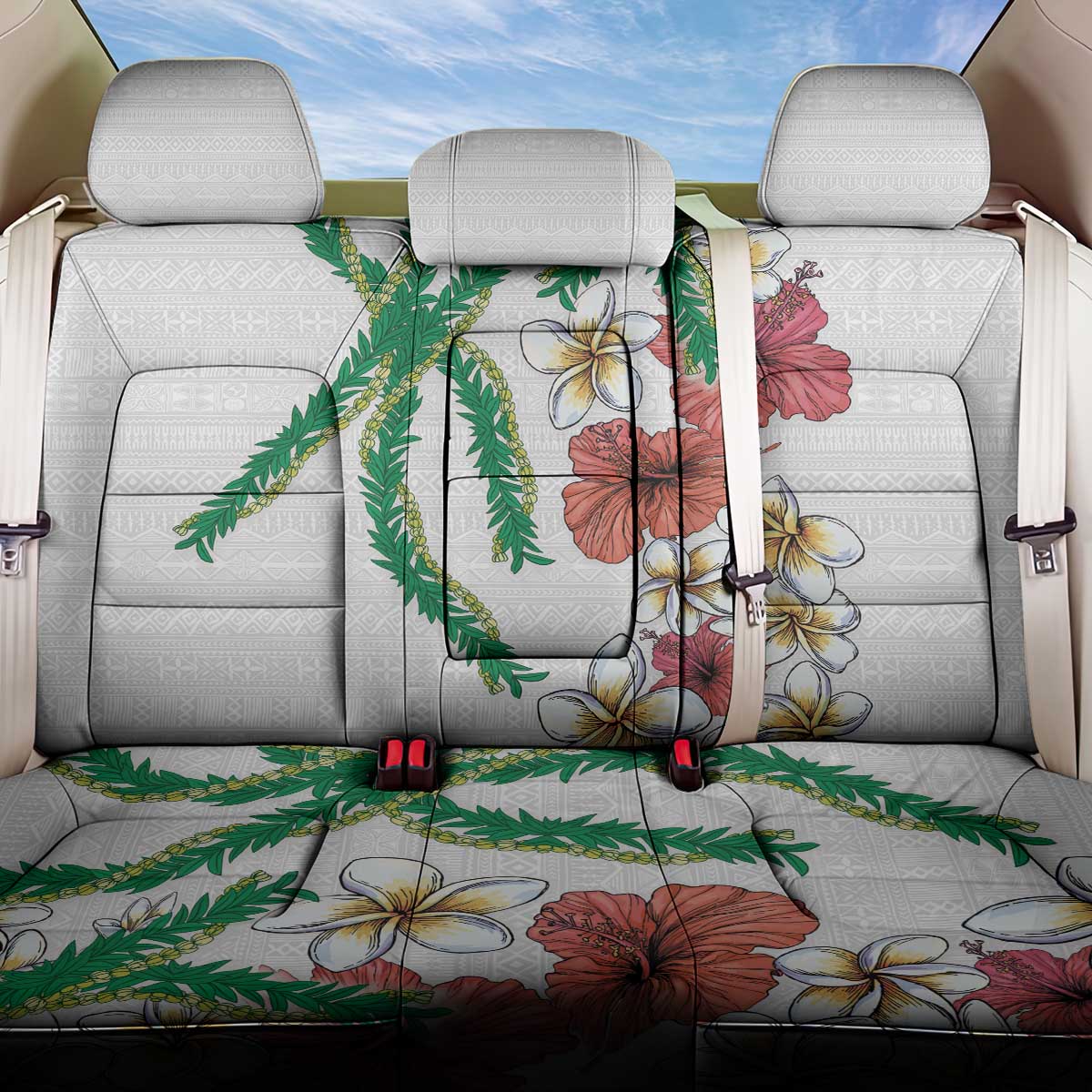 Hawaiian Tropical Flowers and Maile Pikake Back Car Seat Cover Polynesian Tribal Pattern White Color LT03 One Size White - Polynesian Pride