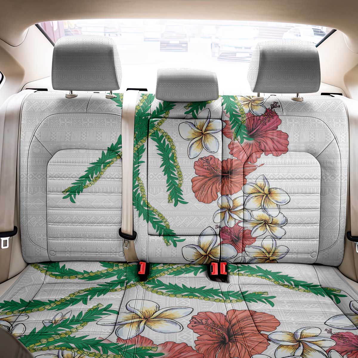 Hawaiian Tropical Flowers and Maile Pikake Back Car Seat Cover Polynesian Tribal Pattern White Color LT03 - Polynesian Pride