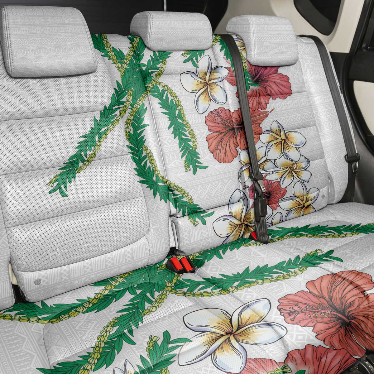Hawaiian Tropical Flowers and Maile Pikake Back Car Seat Cover Polynesian Tribal Pattern White Color LT03 - Polynesian Pride
