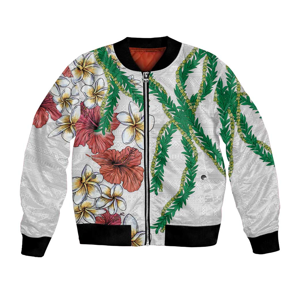 Hawaiian Tropical Flowers and Maile Pikake Bomber Jacket Polynesian Tribal Pattern White Color LT03 Unisex White - Polynesian Pride
