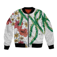 Hawaiian Tropical Flowers and Maile Pikake Bomber Jacket Polynesian Tribal Pattern White Color LT03 Unisex White - Polynesian Pride