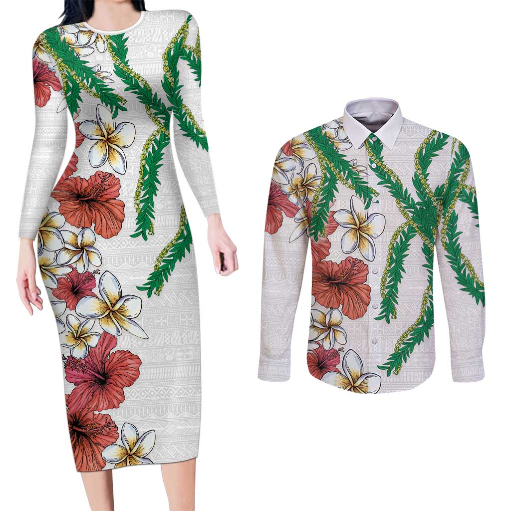 Hawaiian Tropical Flowers and Maile Pikake Couples Matching Long Sleeve Bodycon Dress and Long Sleeve Button Shirt Polynesian Tribal Pattern White Color LT03 White - Polynesian Pride