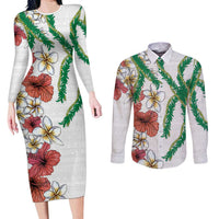 Hawaiian Tropical Flowers and Maile Pikake Couples Matching Long Sleeve Bodycon Dress and Long Sleeve Button Shirt Polynesian Tribal Pattern White Color LT03 White - Polynesian Pride