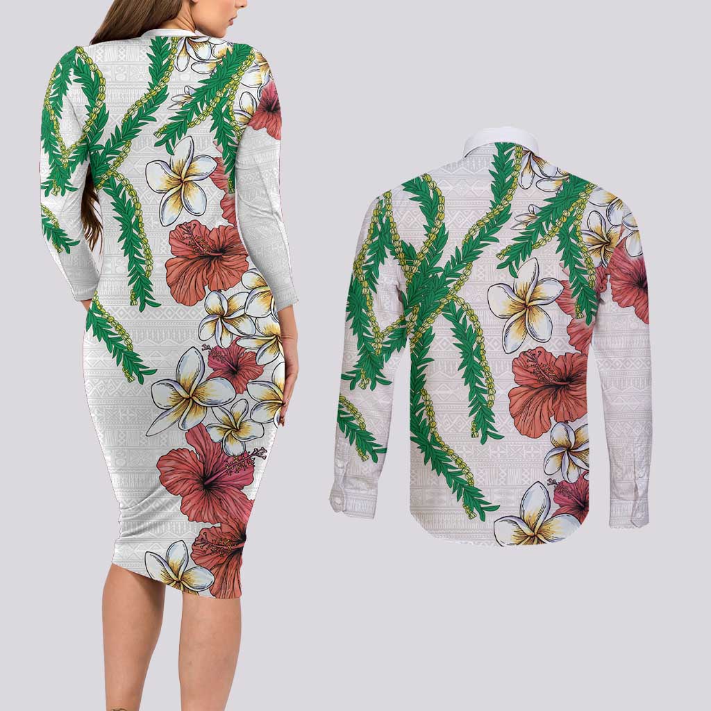Hawaiian Tropical Flowers and Maile Pikake Couples Matching Long Sleeve Bodycon Dress and Long Sleeve Button Shirt Polynesian Tribal Pattern White Color LT03 - Polynesian Pride