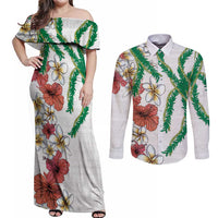Hawaiian Tropical Flowers and Maile Pikake Couples Matching Off Shoulder Maxi Dress and Long Sleeve Button Shirt Polynesian Tribal Pattern White Color LT03 White - Polynesian Pride