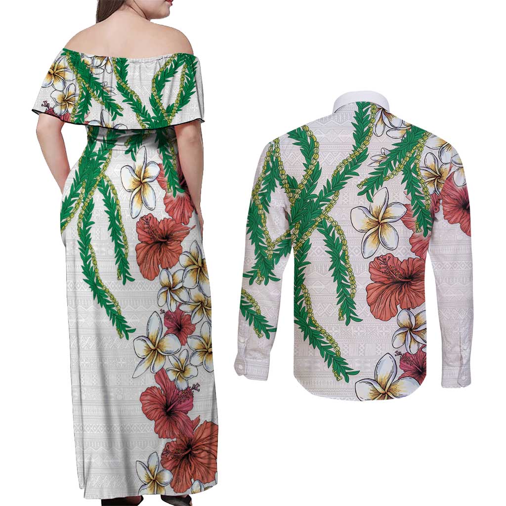 Hawaiian Tropical Flowers and Maile Pikake Couples Matching Off Shoulder Maxi Dress and Long Sleeve Button Shirt Polynesian Tribal Pattern White Color LT03 - Polynesian Pride