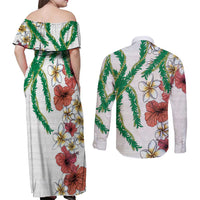 Hawaiian Tropical Flowers and Maile Pikake Couples Matching Off Shoulder Maxi Dress and Long Sleeve Button Shirt Polynesian Tribal Pattern White Color LT03 - Polynesian Pride