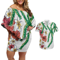Hawaiian Tropical Flowers and Maile Pikake Couples Matching Off Shoulder Short Dress and Hawaiian Shirt Polynesian Tribal Pattern White Color LT03 White - Polynesian Pride