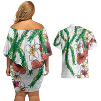 Hawaiian Tropical Flowers and Maile Pikake Couples Matching Off Shoulder Short Dress and Hawaiian Shirt Polynesian Tribal Pattern White Color LT03 - Polynesian Pride