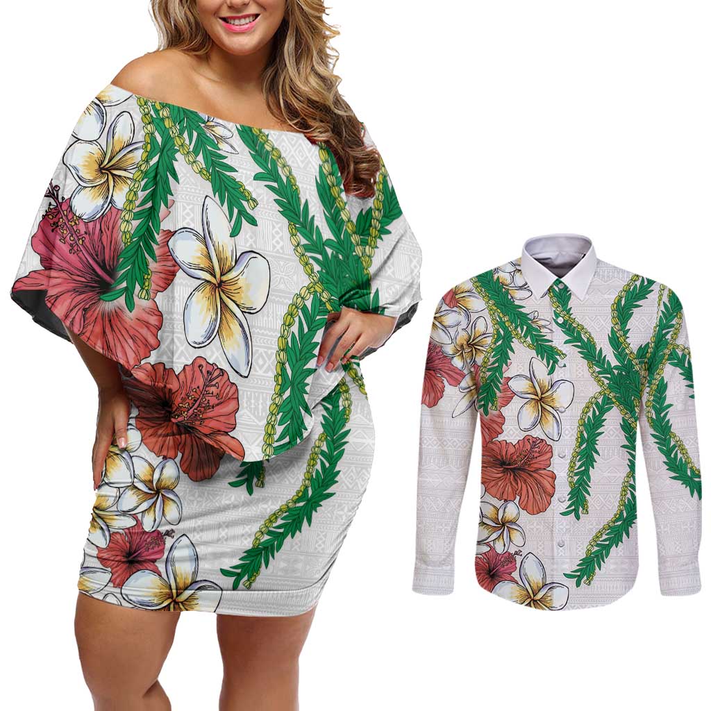 Hawaiian Tropical Flowers and Maile Pikake Couples Matching Off Shoulder Short Dress and Long Sleeve Button Shirt Polynesian Tribal Pattern White Color LT03 White - Polynesian Pride