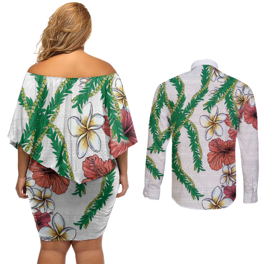 Hawaiian Tropical Flowers and Maile Pikake Couples Matching Off Shoulder Short Dress and Long Sleeve Button Shirt Polynesian Tribal Pattern White Color LT03 - Polynesian Pride