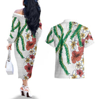 Hawaiian Tropical Flowers and Maile Pikake Couples Matching Off The Shoulder Long Sleeve Dress and Hawaiian Shirt Polynesian Tribal Pattern White Color