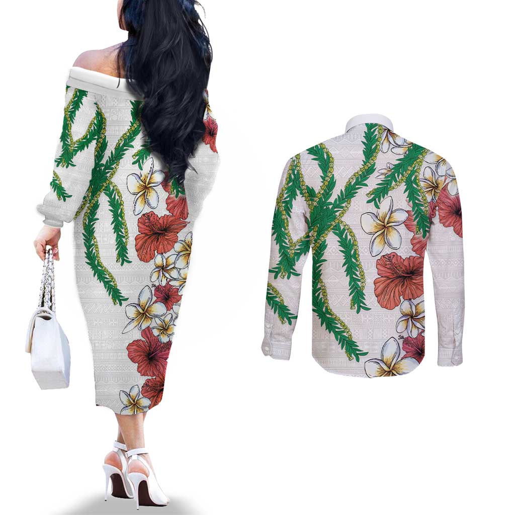 Hawaiian Tropical Flowers and Maile Pikake Couples Matching Off The Shoulder Long Sleeve Dress and Long Sleeve Button Shirt Polynesian Tribal Pattern White Color LT03 - Polynesian Pride