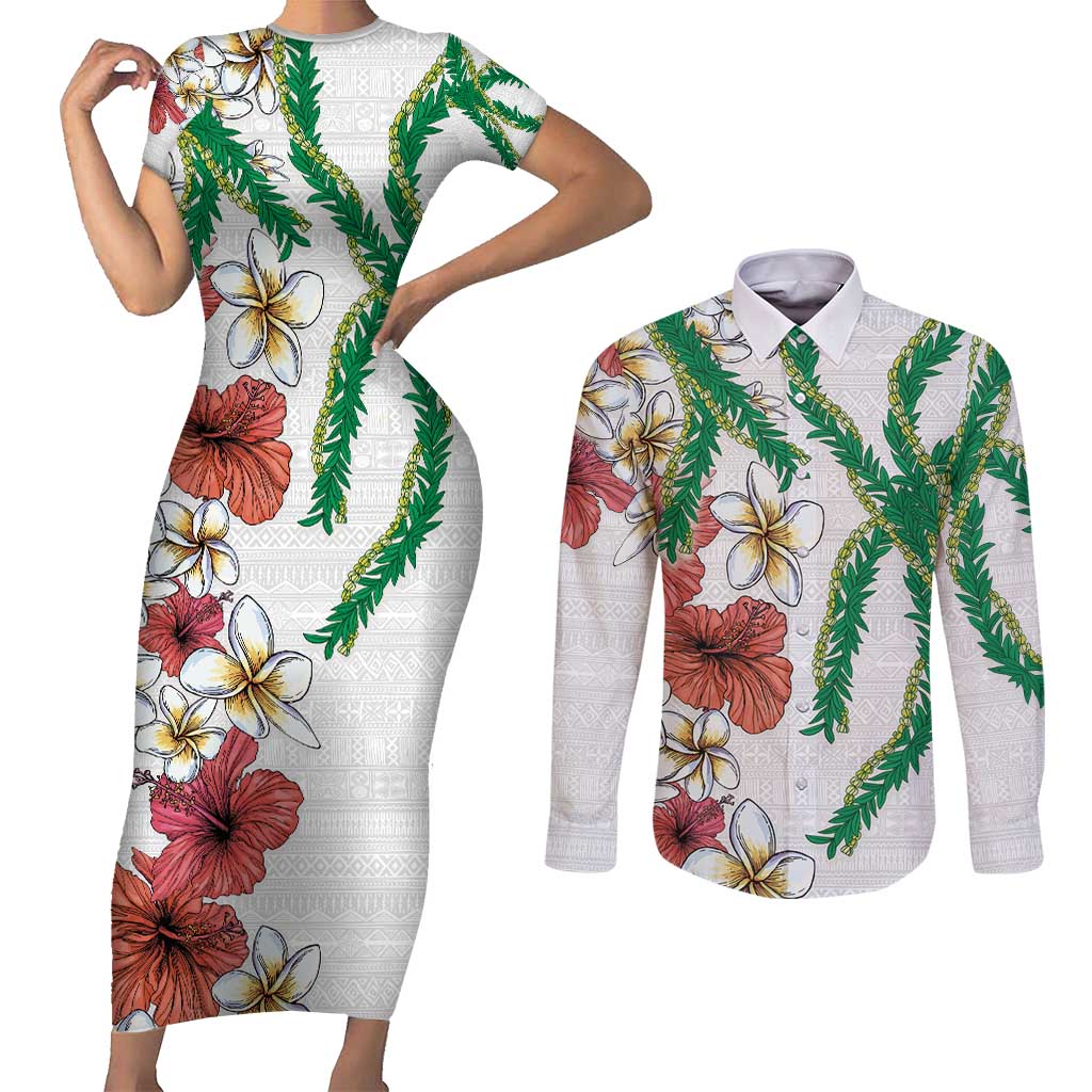 Hawaiian Tropical Flowers and Maile Pikake Couples Matching Short Sleeve Bodycon Dress and Long Sleeve Button Shirt Polynesian Tribal Pattern White Color LT03 White - Polynesian Pride