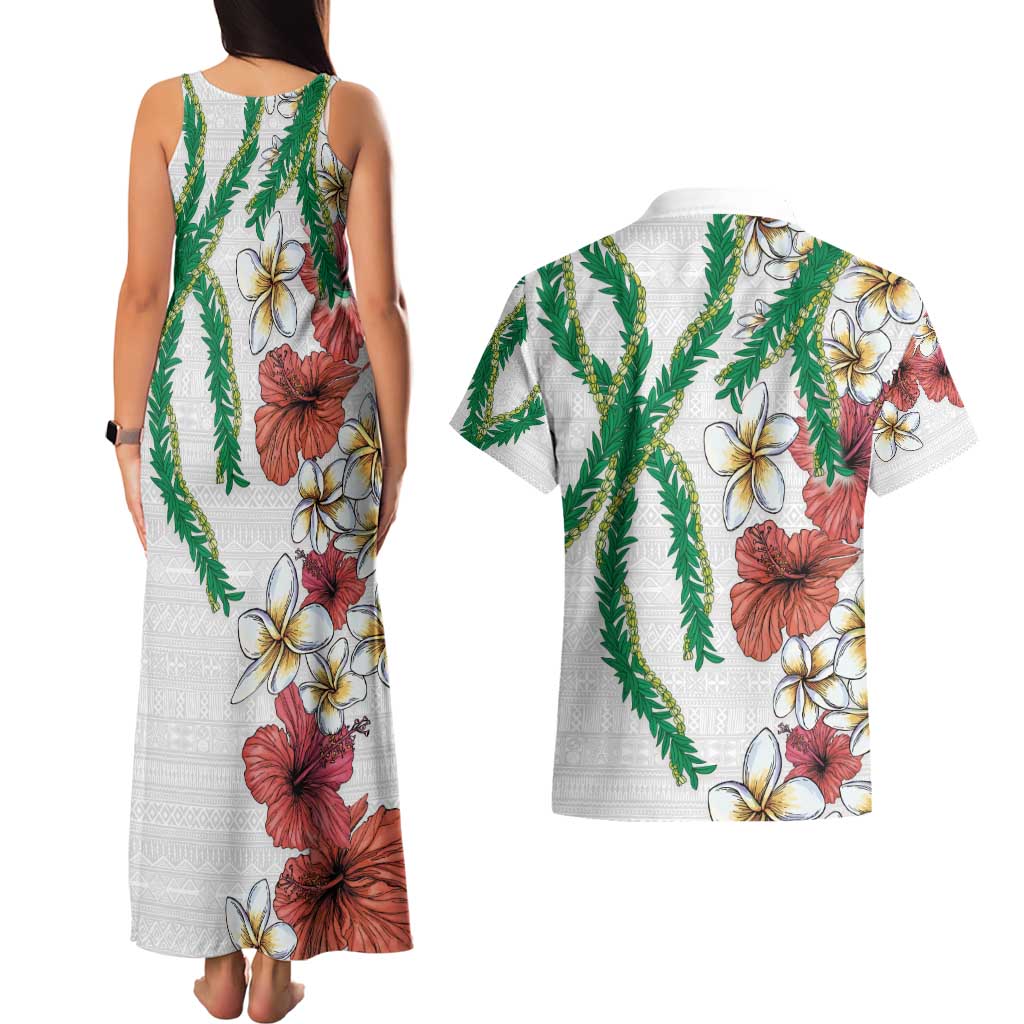 Hawaiian Tropical Flowers and Maile Pikake Couples Matching Tank Maxi Dress and Hawaiian Shirt Polynesian Tribal Pattern White Color LT03 - Polynesian Pride