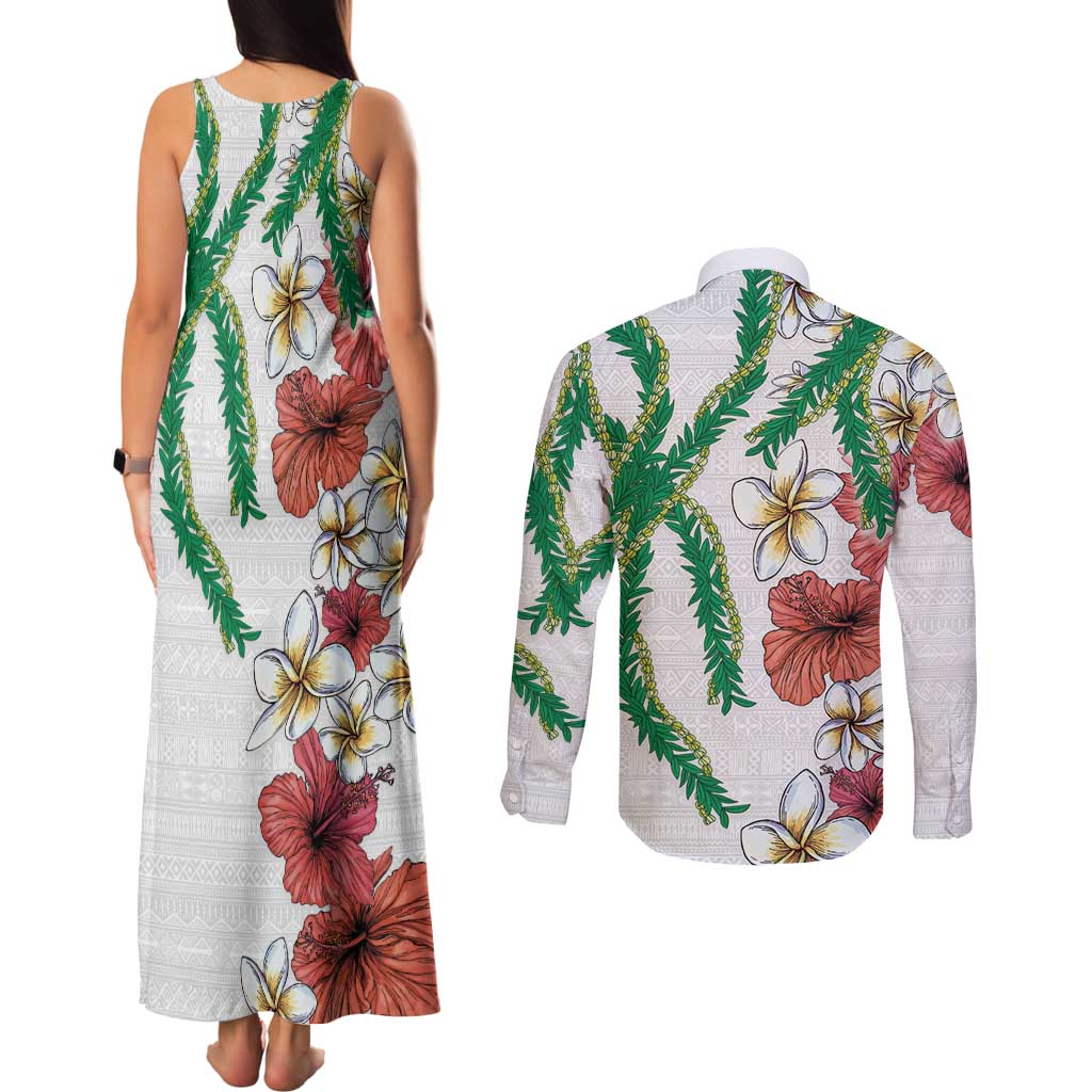 Hawaiian Tropical Flowers and Maile Pikake Couples Matching Tank Maxi Dress and Long Sleeve Button Shirt Polynesian Tribal Pattern White Color LT03 - Polynesian Pride