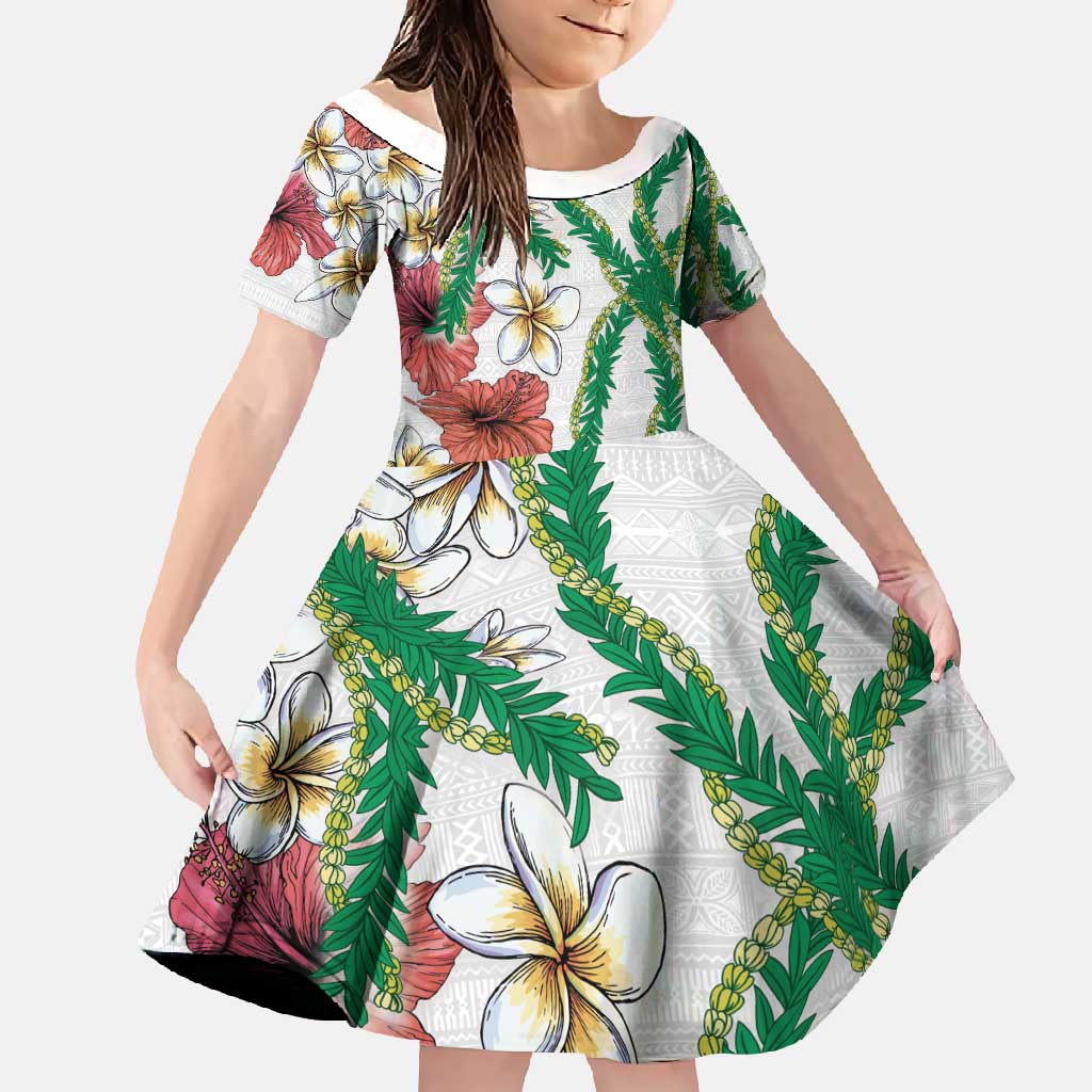 Hawaiian Tropical Flowers and Maile Pikake Family Matching Long Sleeve Bodycon Dress and Hawaiian Shirt Polynesian Tribal Pattern White Color