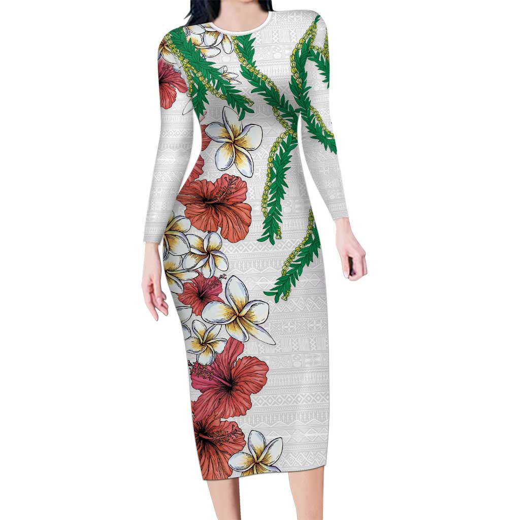 Hawaiian Tropical Flowers and Maile Pikake Family Matching Long Sleeve Bodycon Dress and Hawaiian Shirt Polynesian Tribal Pattern White Color