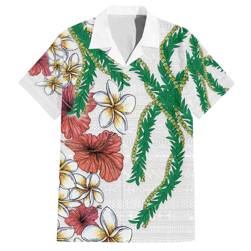 Hawaiian Tropical Flowers and Maile Pikake Family Matching Short Sleeve Bodycon Dress and Hawaiian Shirt Polynesian Tribal Pattern White Color LT03 Dad's Shirt - Short Sleeve White - Polynesian Pride