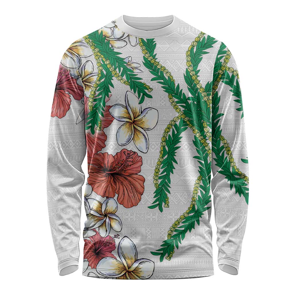 Hawaiian Tropical Flowers and Maile Pikake Long Sleeve Shirt Polynesian Tribal Pattern White Color LT03 Unisex White - Polynesian Pride