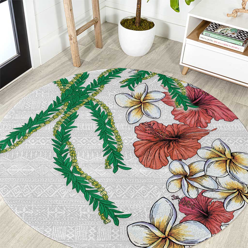 Hawaiian Tropical Flowers and Maile Pikake Round Carpet Polynesian Tribal Pattern White Color LT03 White - Polynesian Pride