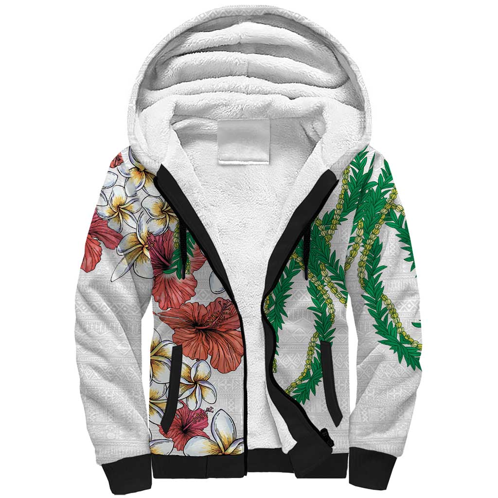 Hawaiian Tropical Flowers and Maile Pikake Sherpa Hoodie Polynesian Tribal Pattern White Color
