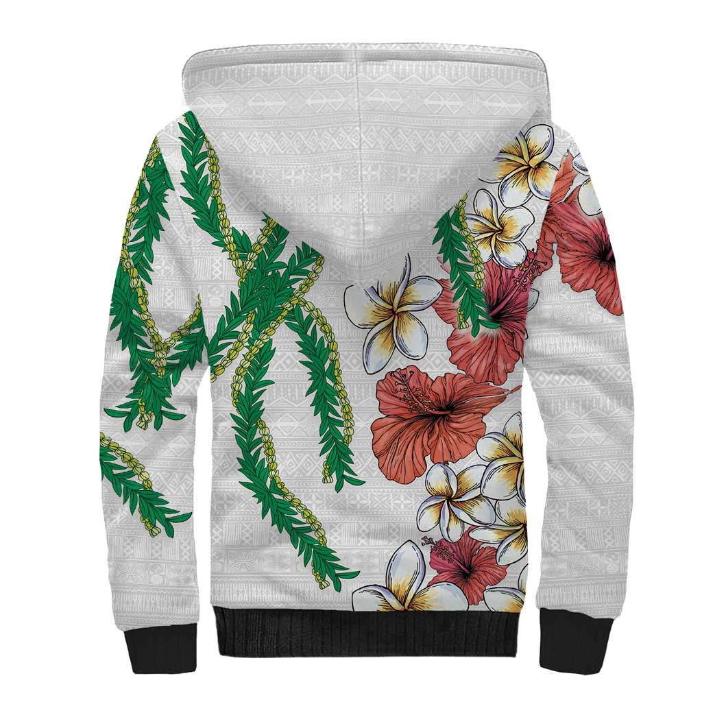 Hawaiian Tropical Flowers and Maile Pikake Sherpa Hoodie Polynesian Tribal Pattern White Color