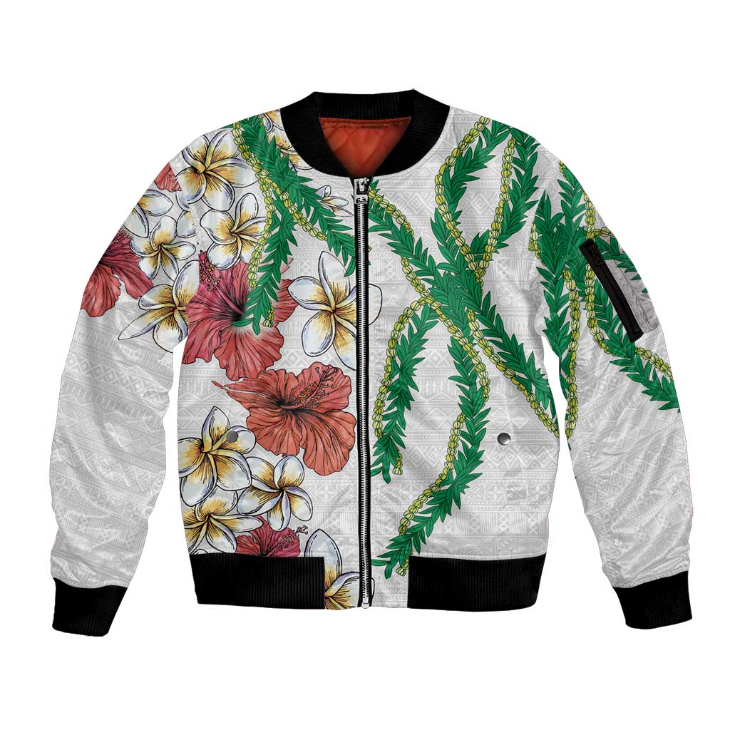 Hawaiian Tropical Flowers and Maile Pikake Sleeve Zip Bomber Jacket Polynesian Tribal Pattern White Color LT03 Unisex White - Polynesian Pride