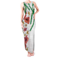 Hawaiian Tropical Flowers and Maile Pikake Tank Maxi Dress Polynesian Tribal Pattern White Color