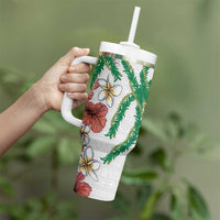 Hawaiian Tropical Flowers and Maile Pikake Tumbler With Handle Polynesian Tribal Pattern White Color