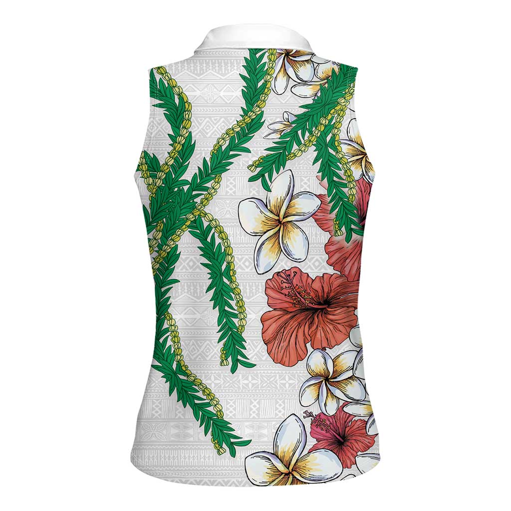Hawaiian Tropical Flowers and Maile Pikake Women Sleeveless Polo Shirt Polynesian Tribal Pattern White Color