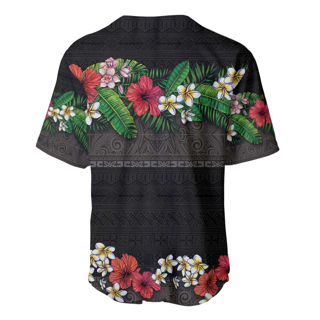 Hawaiian Tropical Flowers and Tribal Polynesian Tattoo Baseball Jersey Black Color LT03 - Polynesian Pride
