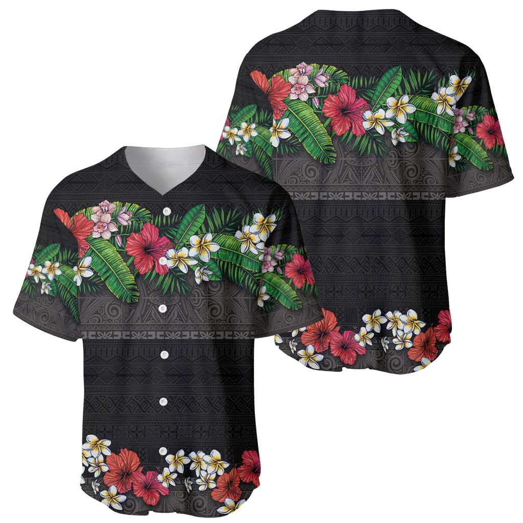 Hawaiian Tropical Flowers and Tribal Polynesian Tattoo Baseball Jersey Black Color LT03 - Polynesian Pride