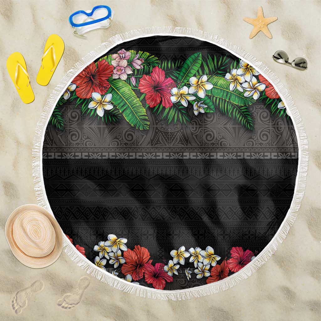 Hawaiian Tropical Flowers and Tribal Polynesian Tattoo Beach Blanket Black Color LT03 One Size 150cm Black - Polynesian Pride