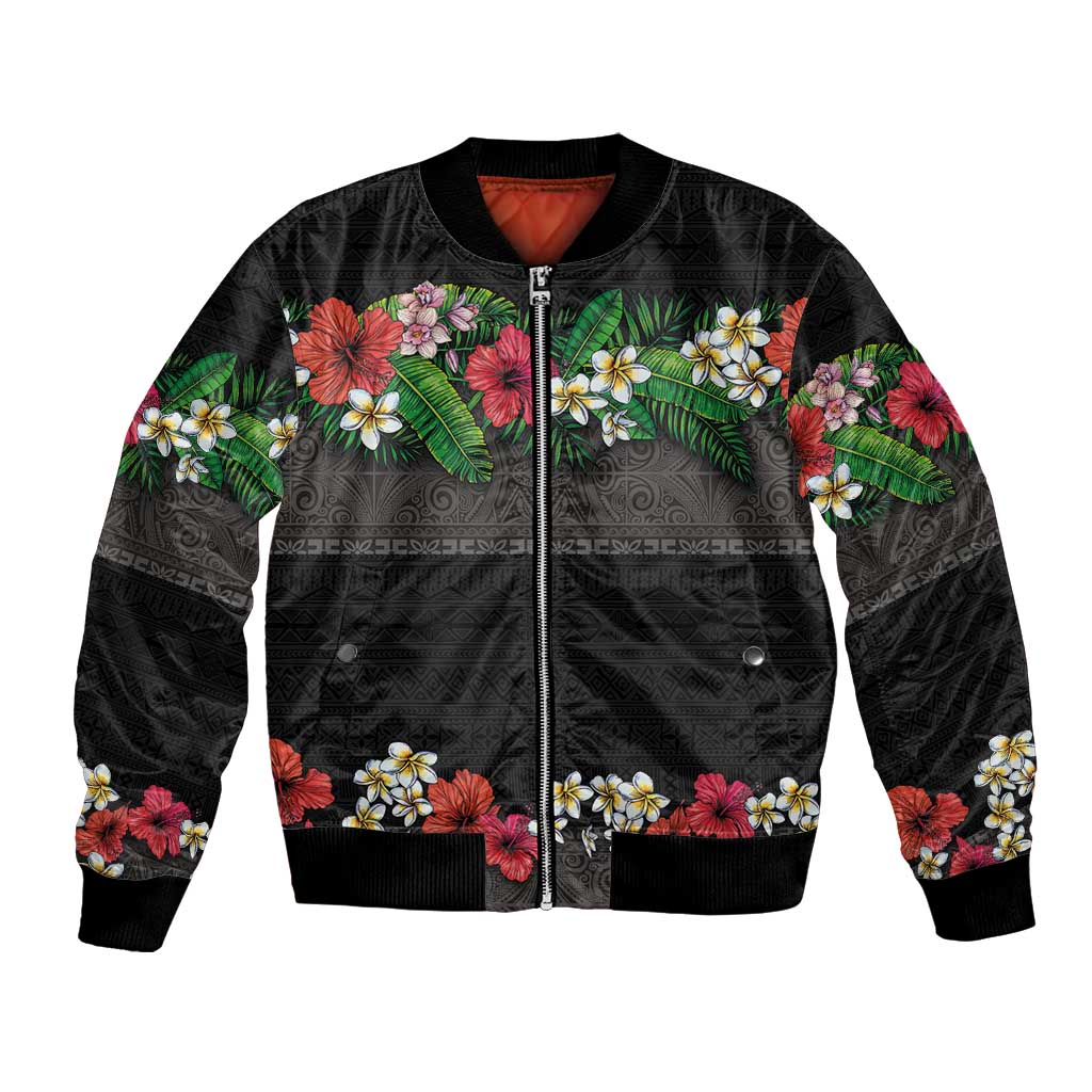 Hawaiian Tropical Flowers and Tribal Polynesian Tattoo Bomber Jacket Black Color LT03 Unisex Black - Polynesian Pride