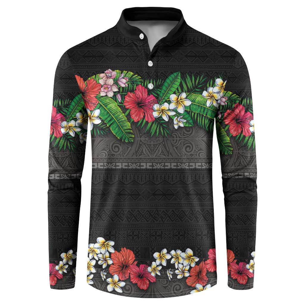Hawaiian Tropical Flowers and Tribal Polynesian Tattoo Button Sweatshirt Black Color LT03 Black - Polynesian Pride