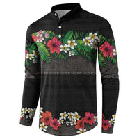 Hawaiian Tropical Flowers and Tribal Polynesian Tattoo Button Sweatshirt Black Color