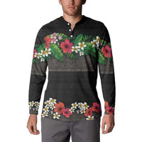 Hawaiian Tropical Flowers and Tribal Polynesian Tattoo Button Sweatshirt Black Color